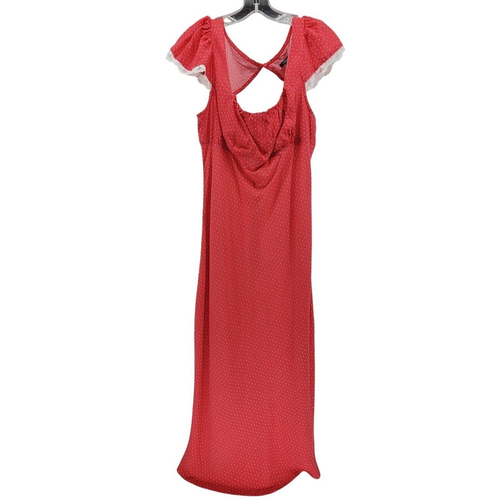 Wild Fable Red Polka Dot Flutter Sleeve Lace Trim Cutout Back Maxi Dress Medium
